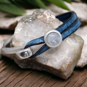 Leather Bracelet for Women, Moonstone Charm on Embossed Blue Leather, Handmade Boho Genuine Leather Cuff Jewelry image 1