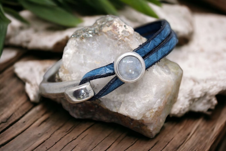 Leather Bracelet for Women, Moonstone Charm on Embossed Blue Leather, Handmade Boho Genuine Leather Cuff Jewelry image 1