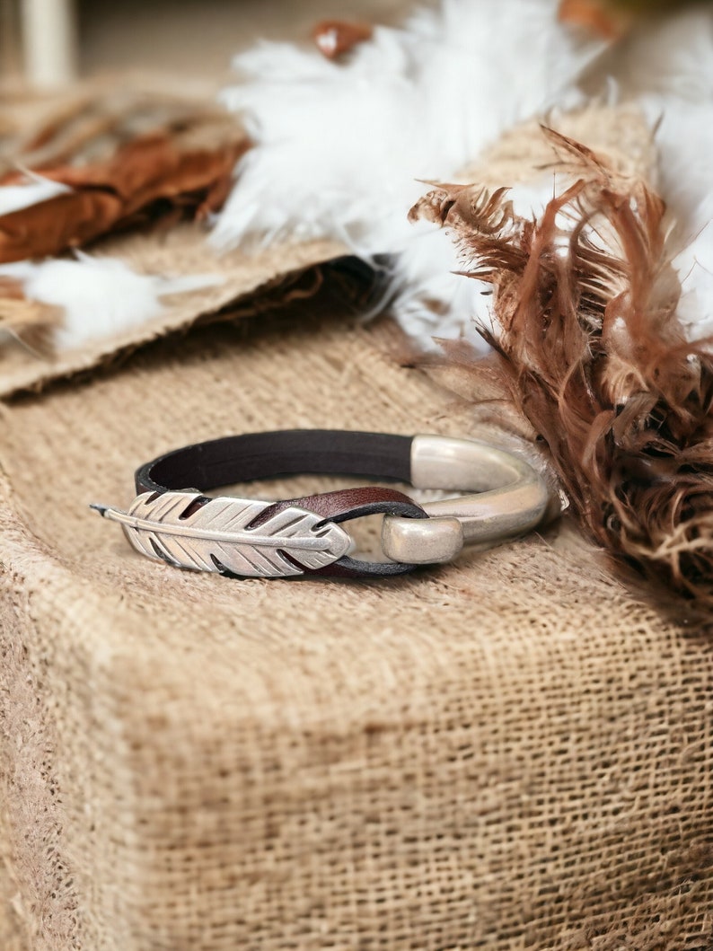 Leather Bracelet for Women, Silver Feather Charm, Bestseller Genuine Leather Cuff, Handmade Boho Jewelry, Indie Style, Gift for Her image 2