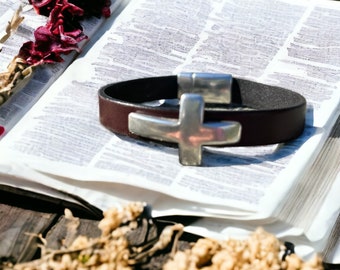 Spiritual Leather Bracelet, Silver Cross, Indie Style, Boho Jewelry, Handmade Gift