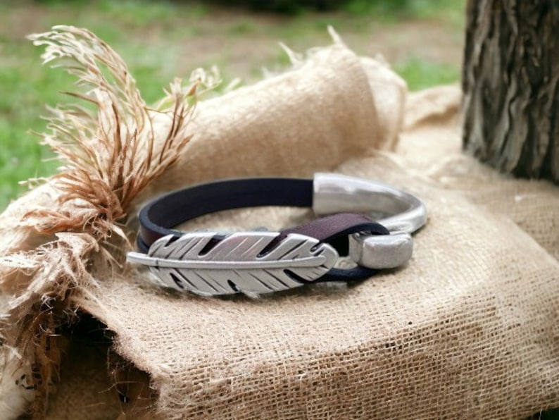 Leather Bracelet for Women, Silver Feather Charm, Bestseller Genuine Leather Cuff, Handmade Boho Jewelry, Indie Style, Gift for Her image 1