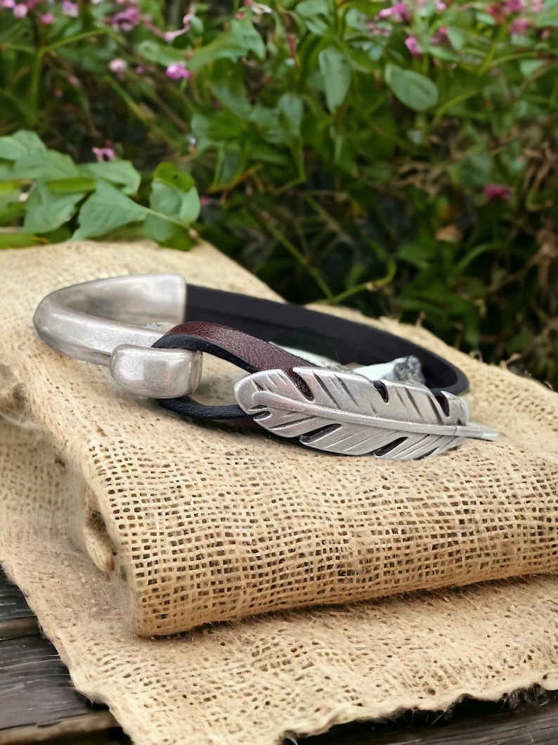 Leather Bracelet for Women, Silver Feather Charm, Bestseller Genuine Leather Cuff, Handmade Boho Jewelry, Indie Style, Gift for Her image 3