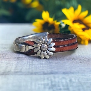 Handmade Leather Sunflower Bracelet: Silver Charm Boho Cuff