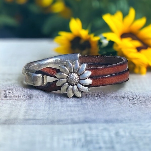 Leather Bracelet for Women, Silver Sunflower Charm, Bestseller Genuine Leather Cuff, Handmade Boho Jewelry, Indie Style, Gift for Her