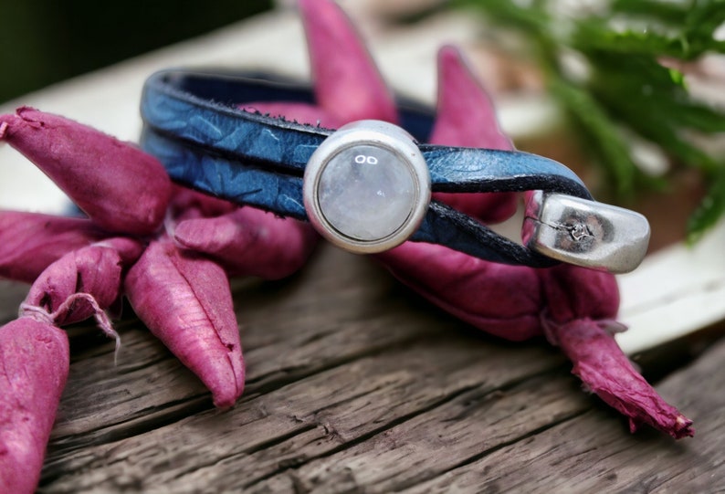 Leather Bracelet for Women, Moonstone Charm on Embossed Blue Leather, Handmade Boho Genuine Leather Cuff Jewelry image 3