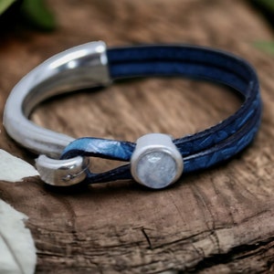 Leather Bracelet for Women, Moonstone Charm on Embossed Blue Leather, Handmade Boho Genuine Leather Cuff Jewelry image 2