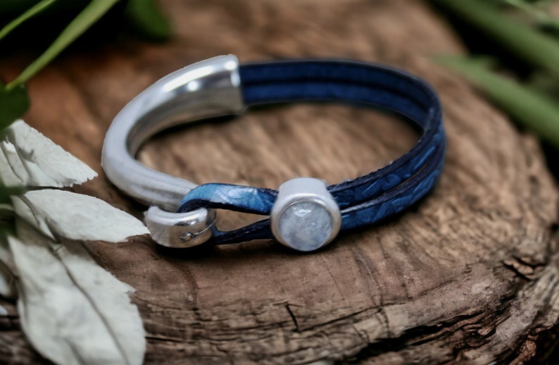 Leather Bracelet for Women, Moonstone Charm on Embossed Blue Leather, Handmade Boho Genuine Leather Cuff Jewelry image 2