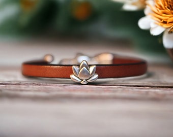 Leather Bracelet for Women, Silver Lotus Charm, Handmade Boho Jewelry, Indie Style, Gift for Her