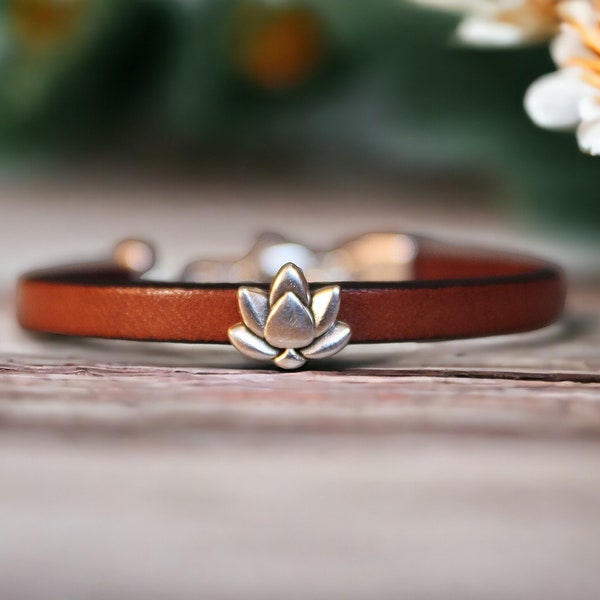 Leather Bracelet for Women, Silver Lotus Charm, Handmade Boho Jewelry, Indie Style, Gift for Her