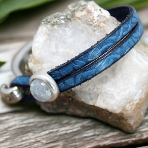 Leather Bracelet for Women, Moonstone Charm on Embossed Blue Leather, Handmade Boho Genuine Leather Cuff Jewelry image 4