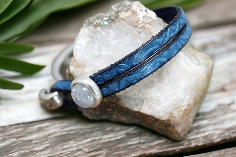 Leather Bracelet for Women, Moonstone Charm on Embossed Blue Leather, Handmade Boho Genuine Leather Cuff Jewelry image 4