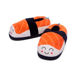 May include: A pair of orange and black plush slippers shaped like sushi rolls with a smiling face.