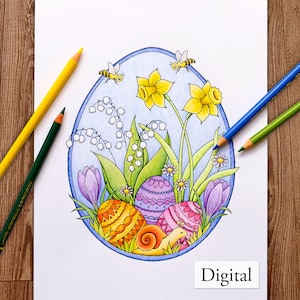 May include: A digital illustration of a colorful Easter egg design with a snail, flowers, and bees. The eggs are decorated with purple, pink, and yellow patterns. The flowers are yellow, white, and green. The bees are yellow and black. The snail is brown and yellow. The background is blue.