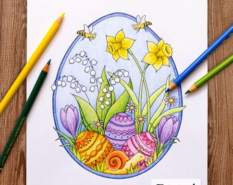 Printable Digital Coloring Page for Grownups, HELLO SPRING, Hand Drawn Adult Coloring Page Download, Alexandra Dannenmann