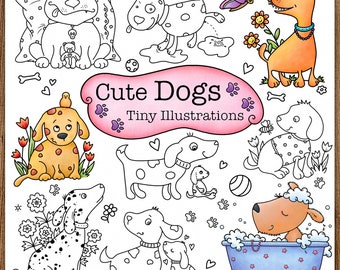 Cute Dogs - 24 Tiny Illustrations, Printable Digital Colouring Pages for Grownups, Hand Drawn Coloring Pages Download, A.Dannenmann