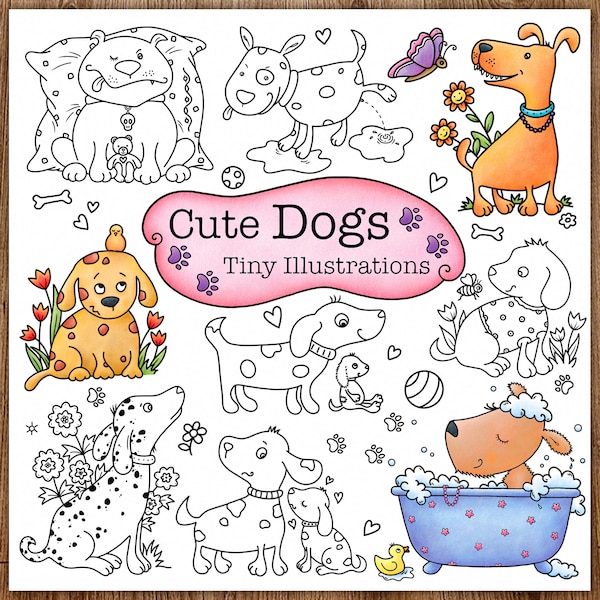 Cute Dogs - 24 Tiny Illustrations, Printable Digital Colouring Pages for Grownups, Hand Drawn Coloring Pages Download, A.Dannenmann