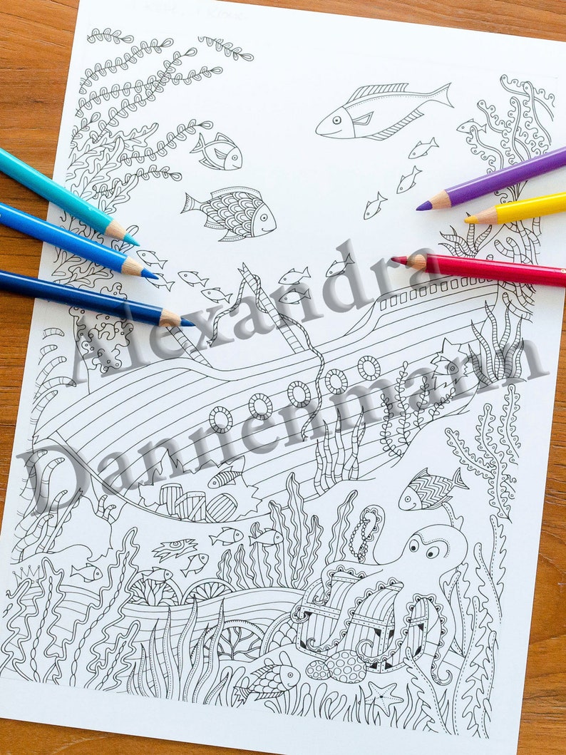 Printable Digital Coloring Book for Children and Adults, THE SECRET of the SEA, Hand Drawn Coloring Pages Download, Alexandra Dannenmann image 2