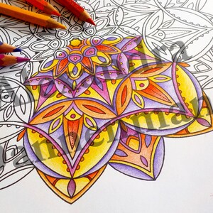 May include: A detailed mandala design with intricate patterns in shades of purple, orange, yellow, and pink. The mandala is partially colored in, with the center and surrounding sections filled in with vibrant colors.