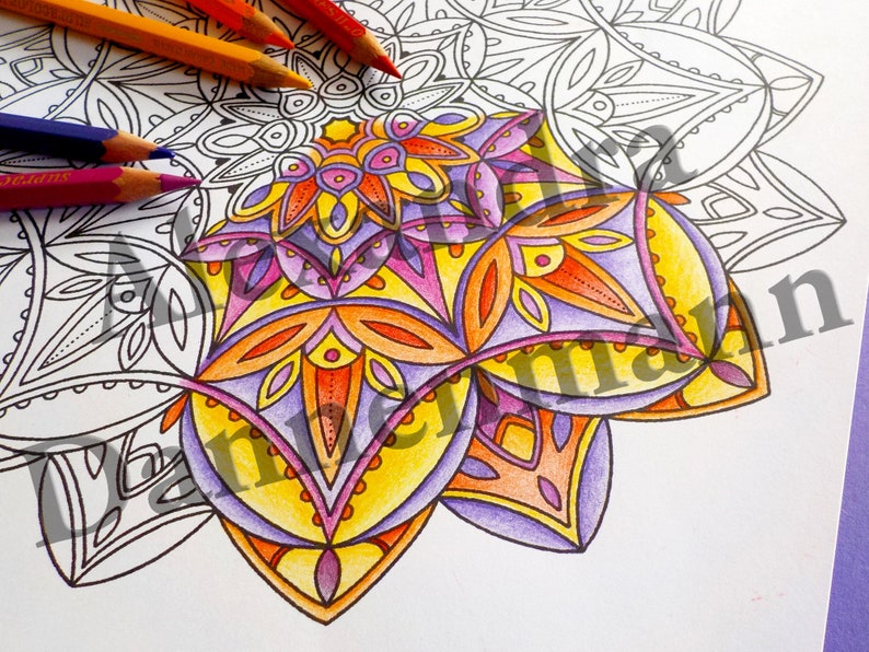 May include: A detailed mandala design with intricate patterns in shades of purple, orange, yellow, and pink. The mandala is partially colored in, with the center and surrounding sections filled in with vibrant colors.