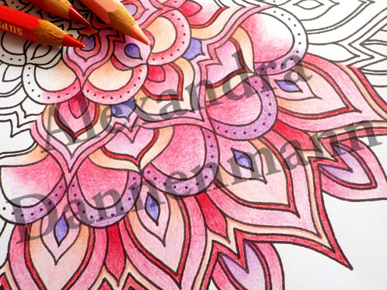 May include: A detailed mandala design with intricate patterns and shapes. The mandala is colored in shades of pink, red, and purple. The design is symmetrical and has a circular shape.