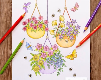 Kolorowanka cyfrowa do druku dla dorosłych, HELLO SPRING, ręcznie rysowana kolorowanka dla dorosłych do pobrania, Alexandra Dannenmann