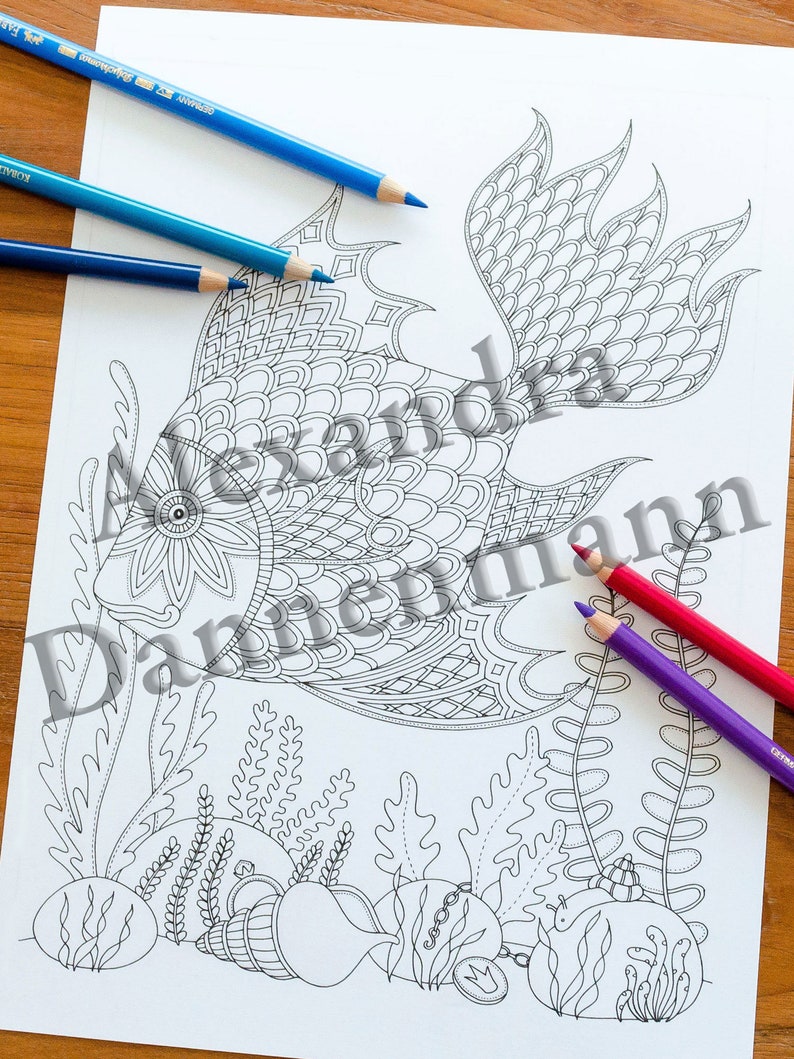 Printable Digital Coloring Book for Children and Adults, THE SECRET of the SEA, Hand Drawn Coloring Pages Download, Alexandra Dannenmann image 4