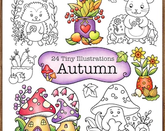 Autumn - 24 Tiny Illustrations, Printable Digital Colouring Pages for Grownups, Hand Drawn Coloring Pages Download, A.Dannenmann
