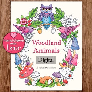 Printable Digital Coloring Book for Grownups, WOODLAND ANIMALS, Adult Coloring Book Hand Drawn Coloring Pages Download, Alexandra Dannenmann