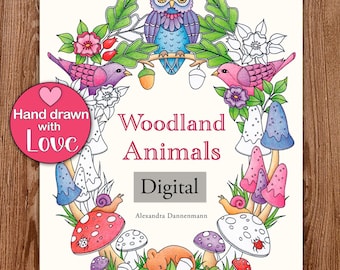 Printable Digital Coloring Book for Grownups, WOODLAND ANIMALS, Adult Coloring Book Hand Drawn Coloring Pages Download, Alexandra Dannenmann