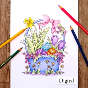 Puede incluir: Una colorida ilustración de una cesta de Pascua llena de huevos decorados, flores y vegetación. La cesta azul tiene un lazo rosa y está rodeada de narcisos, crocus y margaritas. La palabra "Digital" está en la parte inferior.