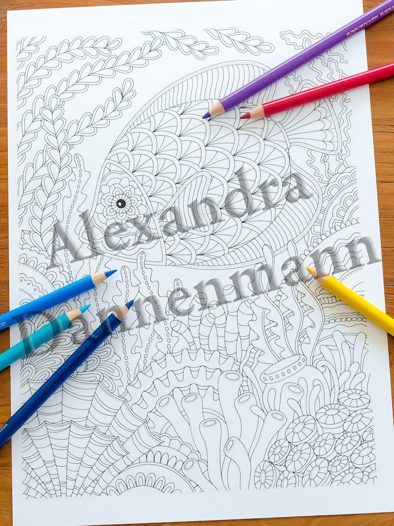 Printable Digital Coloring Book for Children and Adults, THE SECRET of the SEA, Hand Drawn Coloring Pages Download, Alexandra Dannenmann image 3