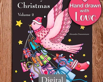 Printable Digital Coloring Book for Grownups, MERRY CHRISTMAS - Volume 2: Christmas designs on a black background, Hand Drawn, A. Dannenmann