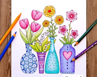 Kolorowanka cyfrowa do druku dla dorosłych, HELLO SPRING, ręcznie rysowana kolorowanka dla dorosłych do pobrania, Alexandra Dannenmann