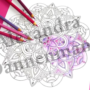 May include: A black and white mandala coloring page with a portion of the design colored in shades of pink and purple. The mandala is surrounded by colored pencils.