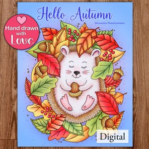 Printable Digital Coloring Book for Grownups, HELLO AUTUMN, Adult Coloring Book Hand Drawn Coloring Pages Download, Alexandra Dannenmann
