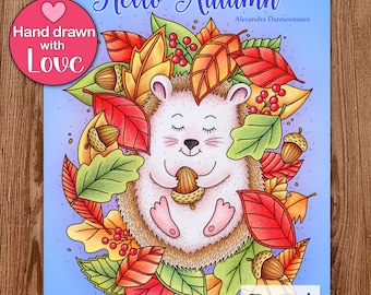 Printable Digital Coloring Book for Grownups, HELLO AUTUMN, Adult Coloring Book Hand Drawn Coloring Pages Download, Alexandra Dannenmann
