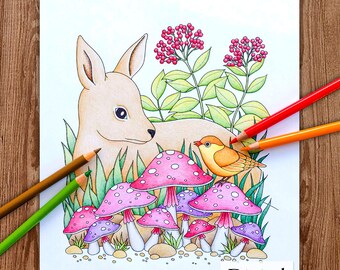 Printable Digital Coloring Page for Grownups, WOODLAND ANIMALS, Hand Drawn Adult Coloring Page Download, Alexandra Dannenmann