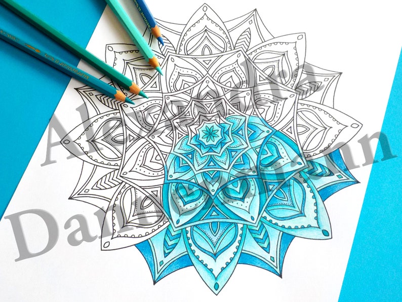 May include: A detailed mandala design with a blue and white color gradient. The mandala is partially colored in shades of blue, while the other half is left uncolored.