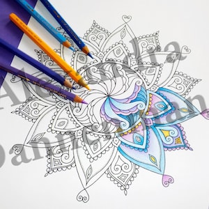 May include: A black and white mandala design with intricate details. The center of the mandala is colored in shades of blue, purple, and yellow.
