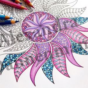 May include: A black and white mandala coloring page with a flower design in the center. The flower has a pink, purple, and blue color scheme. The mandala is surrounded by a variety of intricate patterns.