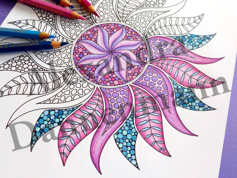 May include: A black and white mandala coloring page with a flower design in the center. The flower has a pink, purple, and blue color scheme. The mandala is surrounded by a variety of intricate patterns.