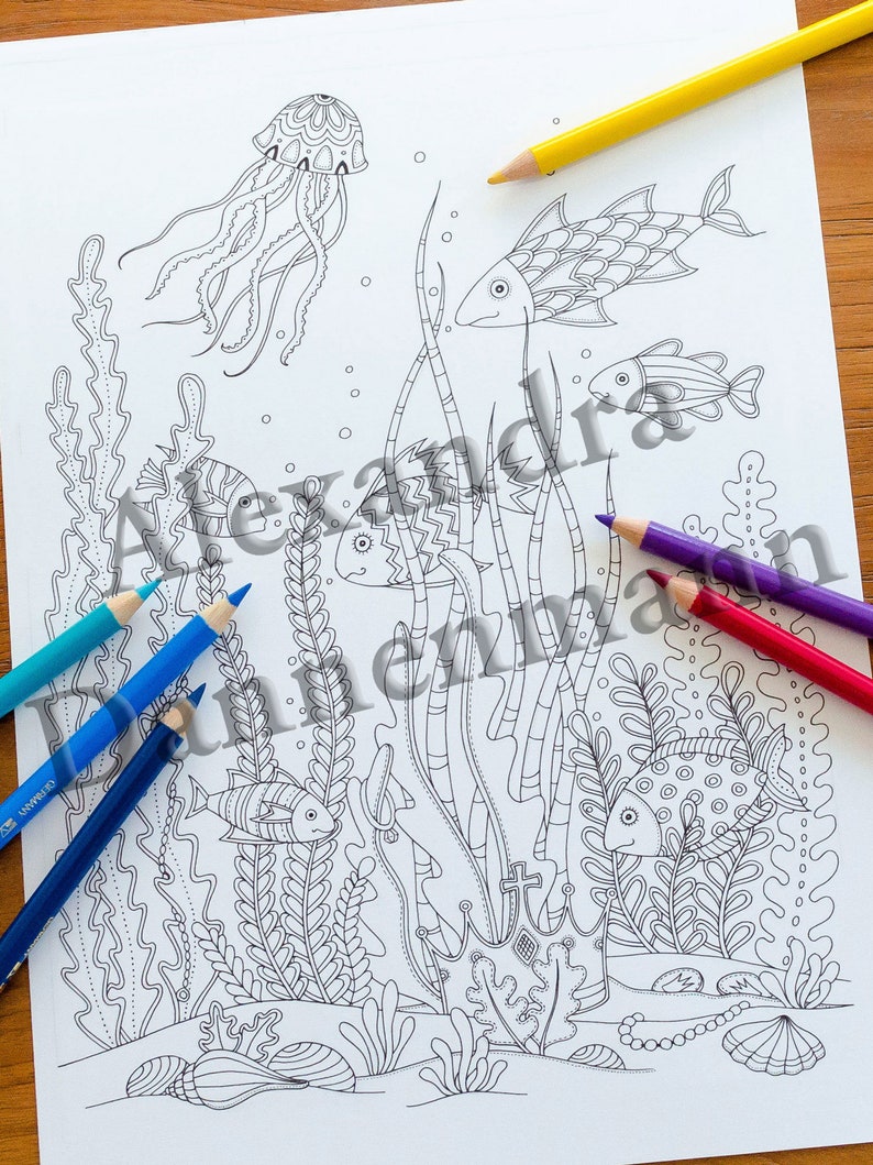 Printable Digital Coloring Book for Children and Adults, THE SECRET of the SEA, Hand Drawn Coloring Pages Download, Alexandra Dannenmann image 8