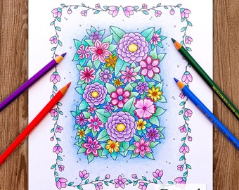 Printable Digital Coloring Page for Grownups, HELLO SPRING, Hand Drawn Adult Coloring Page Download, Alexandra Dannenmann