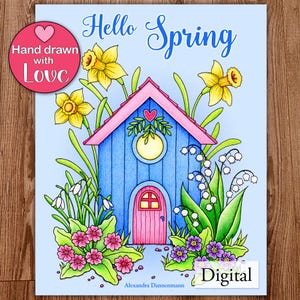 Printable Digital Coloring Book for Grownups, HELLO SPRING, Adult Coloring Book Hand Drawn Coloring Pages Download, Alexandra Dannenmann