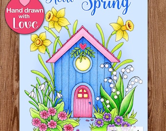 Printable Digital Coloring Book for Grownups, HELLO SPRING, Adult Coloring Book Hand Drawn Coloring Pages Download, Alexandra Dannenmann