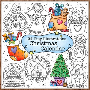 Afdrukbare digitale kerstkalender - 24 kleine illustraties, kleurplaten voor volwassenen, handgetekende kleurplaten downloaden, A.Dannenmann