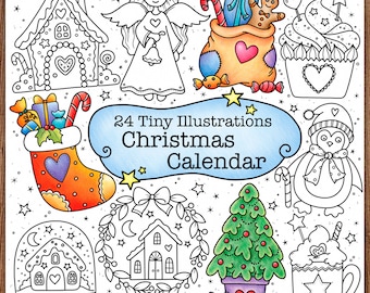 Christmas Calendar - 24 Tiny Illustrations, Hand Drawn Coloring Pages, Printable, Digital, Alexandra Dannenmann