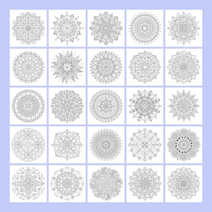 May include: A set of 25 black and white mandala designs. Each mandala is intricate and detailed, with a circular pattern of geometric shapes and floral motifs.