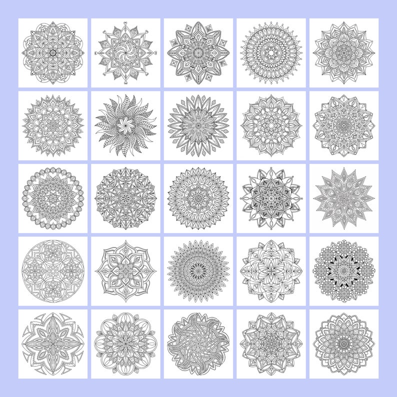 May include: A set of 25 black and white mandala designs. Each mandala is intricate and detailed, with a circular pattern of geometric shapes and floral motifs.