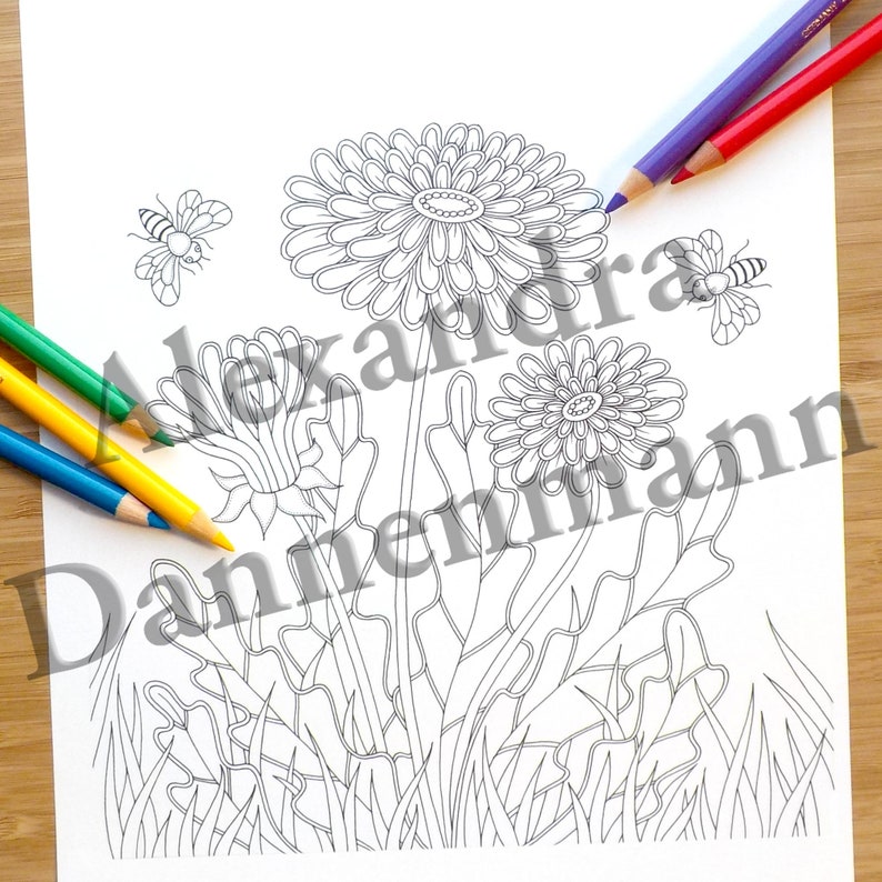 Printable Digital Coloring Book for Grownups, The MAGIC OF FLOWERS, Hand Drawn Adult Coloring Pages Download, Alexandra Dannenmann image 4